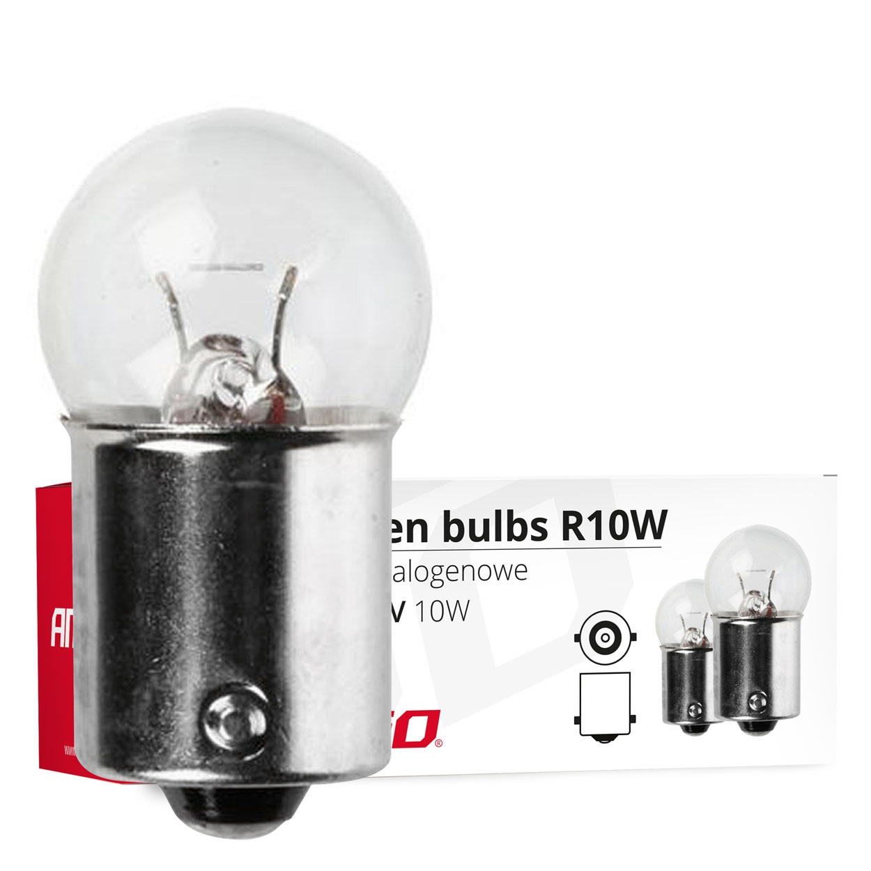 01487ok Amio – Λαμπτήρες Αλογόνου R10W BA15s 12V 10W (Φουντούκι) για Φώτα Θέσης Στοπ Φλας και Πινακίδας Αυτοκινήτου – Κουτί 10 Τεμ. (01487/AM) - Image 1