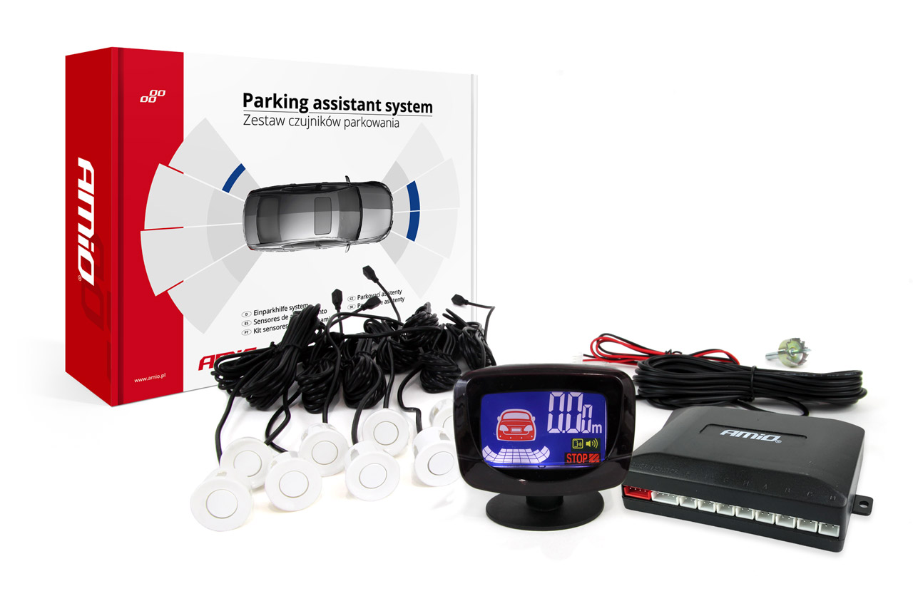 01600-1 Amio – Σύστημα Παρκαρίσματος 12V με 8 Αισθητήρες 22mm Λευκό & Οθόνη LED GRAF για Απόλυτο Έλεγχο Απόστασης και Ασφαλές Παρκάρισμα – 1 Τεμ. (01600/AM) - Image 1