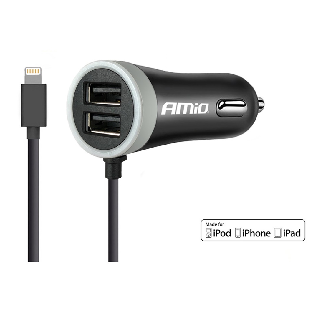 02057AM-1 Amio - Φορτιστής Αναπτήρα 12-24V 2.4A με 2 θύρες USB και καλώδιο Lightning για ταυτόχρονη φόρτιση συσκευών με σταθερή παροχή ρεύματος σε αυτοκίνητα και επαγγελματικά οχήματα - 1 Τεμ. (02057/AM) - Image 1