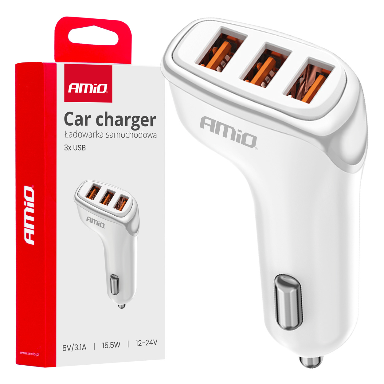 03885_AM_1 Amio - ΦΟΡΤΙΣΤΗΣ ΑΝΑΠΤΗΡΑ 12/24V ΜΕ 3 ΘΥΡΕΣ 3xUSB 15.5W 5V/3.1A ΛΕΥΚΟΣ - 1 Τεμ. (03885/AM) - Image 1