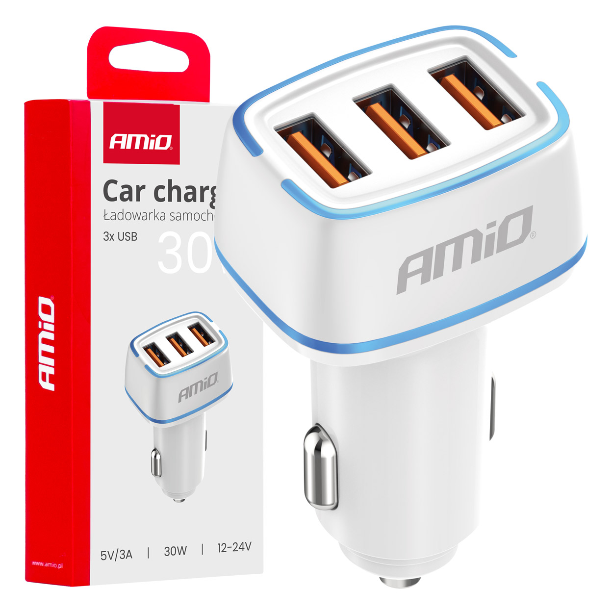03889_AM_1 Amio - ΦΟΡΤΙΣΤΗΣ ΑΝΑΠΤΗΡΑ 12/24V ΜΕ 3 ΘΥΡΕΣ 3xUSB 30W 5V/3.0A ΛΕΥΚΟΣ 1 - 1 ΤΕΜ. (03889/AM) - Image 1