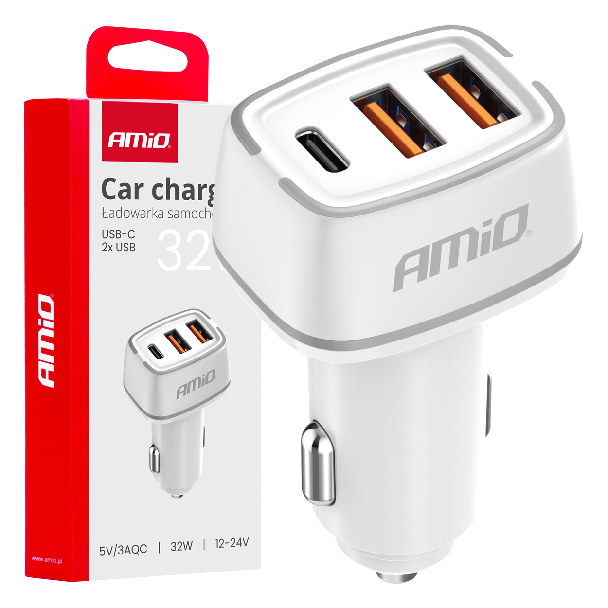 03890_AM_1 Amio - ΦΟΡΤΙΣΤΗΣ ΑΝΑΠΤΗΡΑ 12/24V ΜΕ 3 ΘΥΡΕΣ USB-C+2xUSB 32W 5V/3AQC ΤΑΧΕΙΑΣ ΦΟΡΤΙΣΗΣ ΛΕΥΚΟΣ - 1 ΤΕΜ. (03890/AM) - Image 1