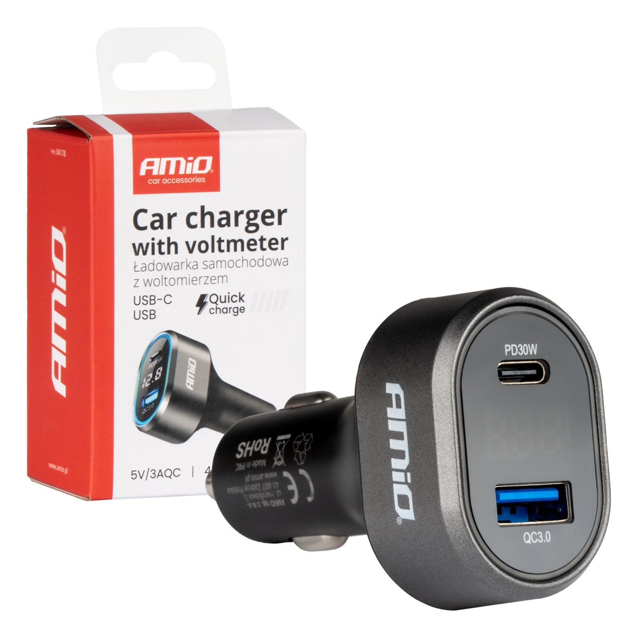 04178_AM_1 Amio - ΦΟΡΤΙΣΤΗΣ ΑΝΑΠΤΗΡΑ ΜΕ 2 ΘΥΡΕΣ USB-C+USB-A QUICK CHARGE 3.0 30W ΜΕ ΒΟΛΤΟΜΕΤΡΟ ΜΑΥΡΟ - 1 Τεμ. (04178/AM) - Image 1