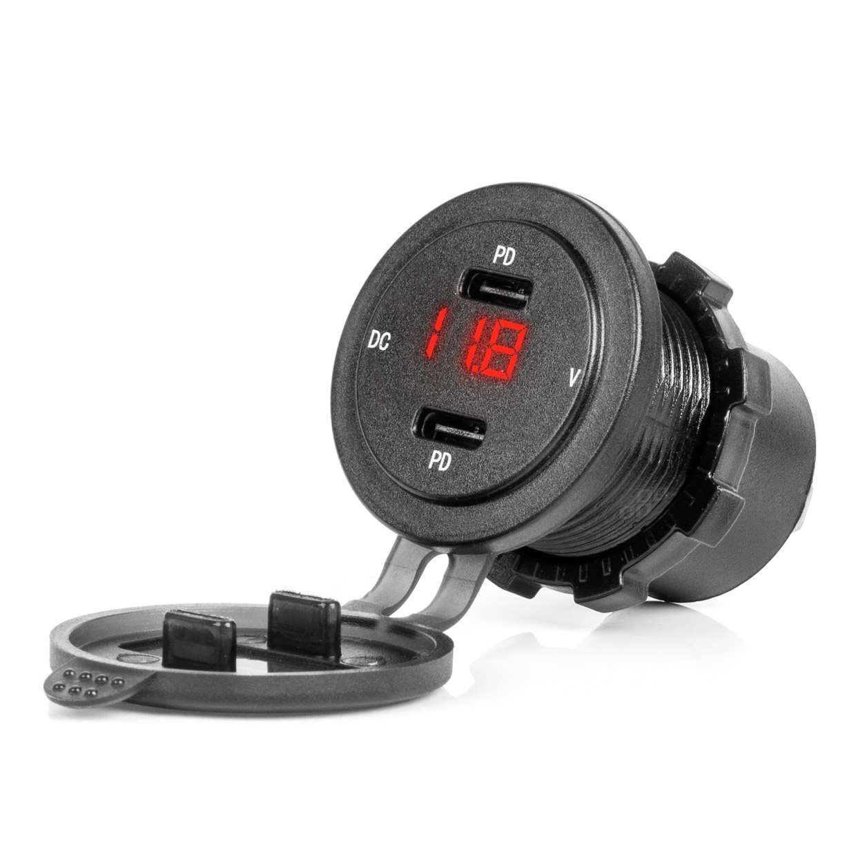 04225_AM_1 Amio - ΠΡΙΖΑ ΜΕ 2 ΘΥΡΕΣ USB-C ΚΑΙ ΨΗΦΙΑΚΟ ΒΟΛΤΟΜΕΤΡΟ ΜΕ ΚΑΠΑΚΙ 12/24V ΑΔΙΑΒΡΟΧΗ ΜΕ ΚΟΚΚΙΝΗ LED ΕΝΔΕΙΞΗ ΜΑΥΡΗ - 1 Τεμ. (04225/AM) - Image 1