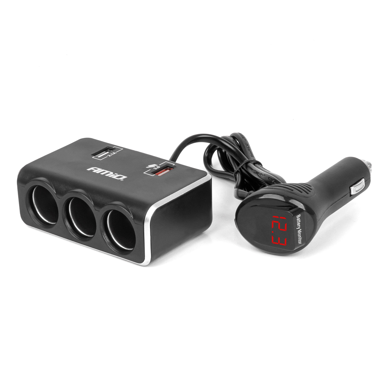 04364_AM_1 Amio - ΑΝΤΑΠΤΟΡΑΣ ΑΝΑΠΤΗΡΑ 12/24V 120W ΨΗΦΙΑΚΟΣ ΜΑΥΡΟΣ/3 ΘΕΣΕΙΣ/2xUSB-A QC 3.0 ΜΕ ΚΑΛΩΔΙΟ 80cm - 1 Τεμ. (04364/AM) - Image 1