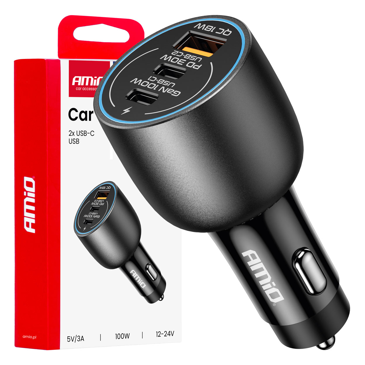 04371_AM_1 Amio - ΦΟΡΤΙΣΤΗΣ ΑΝΑΠΤΗΡΑ 12/24V ΜΕ 3 ΘΥΡΕΣ 2xUSB-C/1xUSB-A 95W 5V/3A ΤΑΧΕΙΑΣ ΦΟΡΤΙΣΗΣ ΑΛΟΥΜΙΝΙΟ/ΜΑΥΡΟΣ - 1 Τεμ. (04371/AM) - Image 1