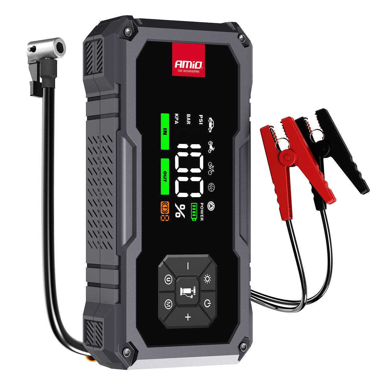 04674-1 Amio - Φορητός Εκκινητής Μπαταρίας (Jump Starter) με ενσωματωμένο Κομπρεσέρ Αέρα, Powerbank και Φακό LED τάση λειτουργίας 12V με χωρητικότητα 7,2Ah και μέγιστο ρεύμα εκκίνησης 600A για Επιβατικά Αυτοκίνητα - 1 τεμ. (04674/AM) - Image 1