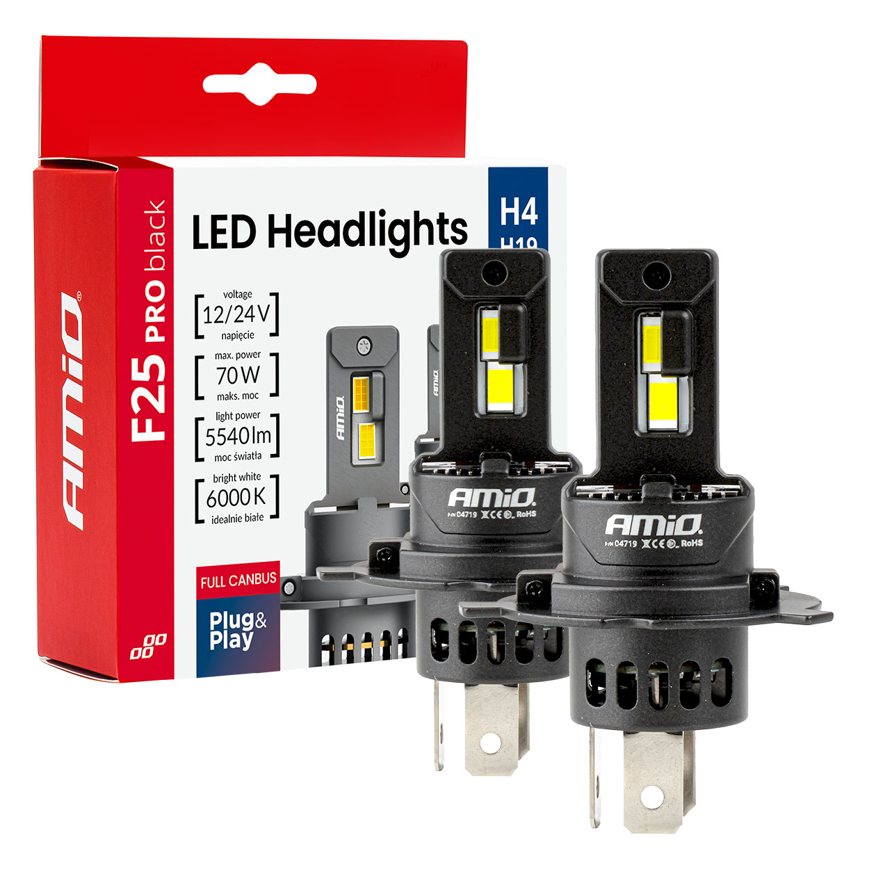 04719AM_1 Amio - Λαμπτήρες LED F25 PRO Black Edition H4/H19 70W 12-24V Full CAN Bus με Φωτεινότητα 8000lm σε Ψυχρό Λευκό 6000K για Επιβατικά Αυτοκίνητα & Φορτηγά - Σετ 2 τεμ. (04719/AM) - Image 1