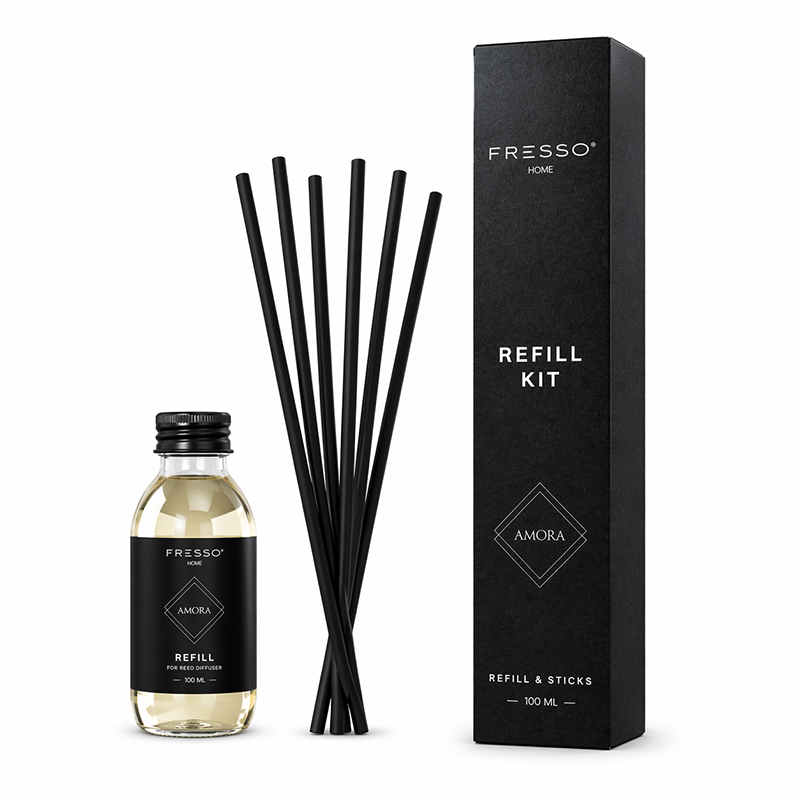390051FRE_1 Fresso - Κιτ Αναπλήρωσης με Άρωμα Amora 100 ml Premium Home Refill Kit και 6 Μαύρα Στικ από Fiberglass για Αρωματικό Χώρου Reed Diffuser - 1 Τεμ. (390051/FRE) - Image 1